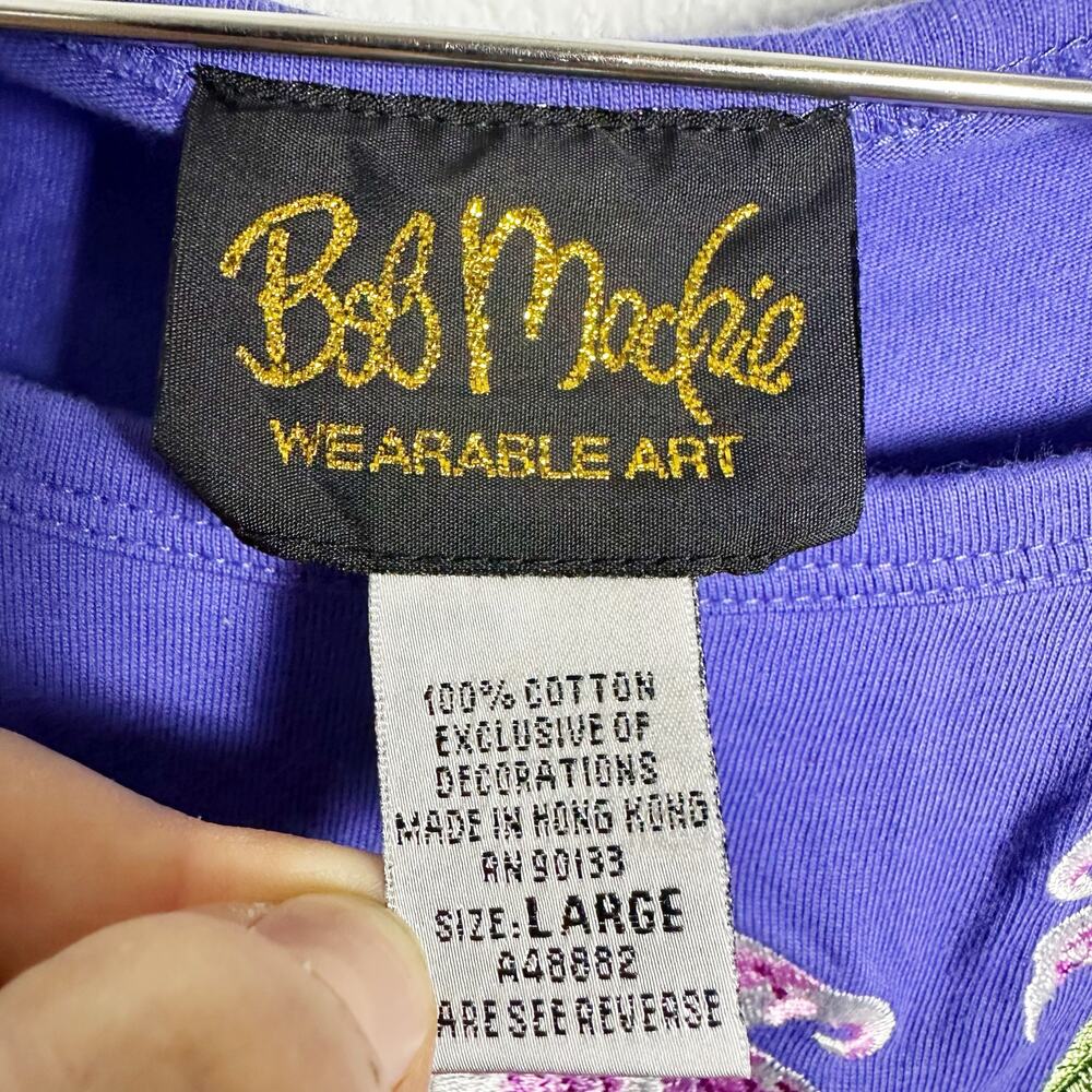 Bob Mackie Purple Cotton Embroidered Top Short Sleeve sz L - Picture 3 of 6